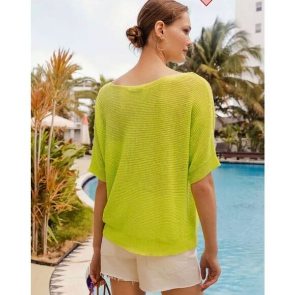 White + Warren Linen Off Shoulder knit Tee Neon Yellow Sz S - Picture 3 of 8